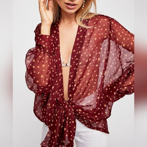 Free People Star Dazed Kimono Women's One Size Sheer Burgundy Red Tie Front - Picture 1 of 15